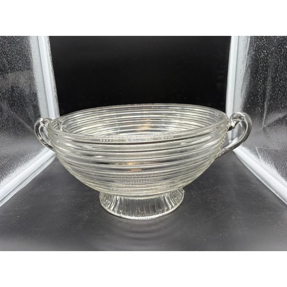 Vintage Clear Ribbed Glass Footed Serving Bowl with Handles Art Deco‎ Style